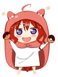  1girl :d absurdres ahoge alternate_costume amairo_islenauts animal_costume animal_ear_hood animal_ears barefoot blush chibi chibi_only commentary_request cosplay doughnut dual_wielding fake_animal_ears food full_body hair_between_eyes hair_ornament hands_up highres himouto!_umaru-chan holding holding_donut holding_food hood hood_up komaru_(himouto!_umaru-chan) komaru_(himouto!_umaru-chan)_(cosplay) looking_at_viewer masaki_gaillard medium_hair open_mouth parody partial_commentary red_hair shirt shrimp_3 simple_background smile solo sparkling_eyes standing tail violet_eyes white_background white_shirt wolf_costume wolf_ears wolf_girl wolf_tail x_hair_ornament 