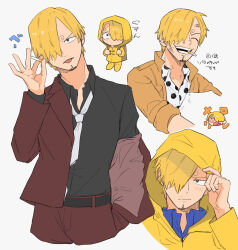  1boy black_shirt blonde_hair blue_shirt brown_jacket cigarette commentary_request cropped_torso curly_eyebrows dirty dirty_face facial_hair goatee hair_over_one_eye heart heart-shaped_eyes highres holding holding_cigarette iqracha jacket male_focus mouth_hold multiple_views mustache_stubble necktie one_piece polka_dot polka_dot_shirt raincoat sanji_(one_piece) shirt short_hair smoking stubble teeth_hold white_background white_necktie yellow_raincoat 