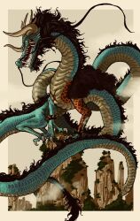  1boy alternate_form armlet bisphonate black_hair blue_scales cape claws curled_horns devil_fruit_power dragon dragon_tail eastern_dragon eastern_dragon_horns facial_hair full_body fur-trimmed_cape fur_trim highres horns jewelry kaidou_(one_piece) long_hair long_mustache looking_at_viewer mountain mustache one_piece open_mouth scales scar sharp_teeth solo spiked_armlet tail tattoo teeth 