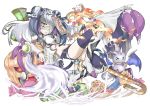  1girl adapted_costume bandages bare_shoulders bat braid candy candy_cane cat_hair_ornament claws creature detached_sleeves devilit double_bun hair_ornament haku_(p&amp;d) jack-o&#039;-lantern kei_(keiclear) long_hair long_sleeves mound_of_venus multicolored_hair navel ofuda open_mouth pumpkin purple_hair puzzle_&amp;_dragons simple_background solo tamadra thigh-highs twin_braids two-tone_hair white_background white_hair yellow_eyes 