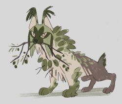  absurdres animal_focus branch cat commentary ear_tufts english_commentary fakemon finchwing full_body green_fur highres leaf lynx no_humans olive_branch original pokemon pokemon_(creature) pokemon_focus short_tail solo standing tail whiskers 