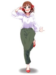  1girl :d absurdres amami_haruka arm_up blush brown_hair clark_grimms full_body green_eyes green_pants hair_ribbon highres idolmaster idolmaster_(classic) leg_up long_sleeves looking_at_viewer open_mouth pants red_ribbon red_shoes ribbon shadow shoes short_hair simple_background smile solo standing standing_on_one_leg sweater sweater_tucked_in v white_background white_sweater 