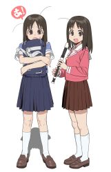  1girl azumanga_daioh azumanga_daioh's_school_uniform bag blue_shirt blue_sky brown_eyes brown_hair brown_shoes brown_skirt commentary cyjalway english_commentary flute full_body highres holding holding_bag holding_flute holding_instrument instrument kasuga_ayumu kneehighs loafers long_hair long_sleeves looking_at_viewer multiple_views open_mouth pink_shirt pleated_skirt recorder sailor_collar school_bag school_uniform serafuku shadow shirt shoes short_sleeves simple_background skirt sky socks standing stray_hair summer_uniform sweatdrop white_background white_sailor_collar white_socks winter_uniform 