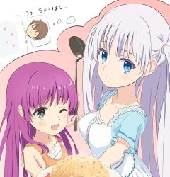  1boy 2girls :3 ;d alternate_hairstyle bare_shoulders blue_eyes blue_sleeves blunt_ends blush breasts closed_eyes closed_mouth commentary_request cowboy_shot domotteru dreaming eyelashes food fried_rice grey_eyes hair_between_eyes hair_down hairstyle_switch highres holding holding_food holding_hands holding_ladle katou_umi ladle long_hair looking_at_viewer medium_breasts multiple_girls naruse_shiroha one_eye_closed open_mouth orange_shirt pink_background pink_hair pleated_skirt ringed_eyes shirt sidelocks simple_background skirt sleeveless sleeveless_shirt smile speech_bubble split_mouth steam straight_hair summer_pockets takahara_hairi thought_bubble translated two_side_up upper_body upturned_eyes very_long_hair white_background white_hair white_shirt white_skirt 