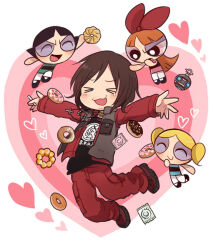  >_< 1boy 3girls 50yen_(gojiue) :3 :d ^_^ arm_up beard_stubble black_hair black_shirt black_shoes blade_ii_(film) blonde_hair blossom_(ppg) blue_dress blunt_bangs blunt_ends blush bow brown_hair bubbles_(ppg) buttercup_(ppg) cargo_pants chocolate_donut cigarette closed_eyes commentary_request covering_own_mouth cross cross_necklace crossover deformed doughnut dress facial_hair facing_another floating floating_food food french_cruller full_body furrowed_brow gold_choker green_dress grey_vest hair_bow hand_on_another's_head hand_over_own_mouth heart heart_background holding holding_cigarette holding_donut holding_food jacket jewelry leggings long_hair long_sleeves loving_aura mole mole_above_mouth multiple_girls multiple_necklaces mustache_stubble necklace open_clothes open_jacket open_mouth open_vest orange_hair outstretched_arms pants parted_hair pink_donut pink_dress pon_de_ring powerpuff_girls print_shirt raised_inner_eyebrows red_bow red_jacket red_pants red_shoes scud_(blade_ii) shirt shoes short_hair short_twintails simple_background smile sneakers strapless strapless_dress stubble tube_dress twintails two-tone_dress uneven_eyes v-shaped_eyebrows vest white_background white_leggings x3 