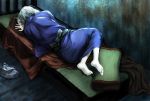  1boy barefoot bed_sheet blood blood_splatter drugs glass iron_bars japanese_clothes kuroi lying pill pillow short_hair solo toono_shiki_(2) tsukihime white_hair 