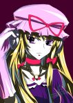  1girl arm_up artist_name blonde_hair bow breasts bust choker colored_eyelashes dated dress elbow_gloves gloves hair_bow hand_on_headphones hat hat_ribbon headphones jewelry long_hair looking_to_the_side mob_cap necklace parted_lips purple_dress ribbon sinzan solo touhou violet_eyes yakumo_yukari 