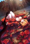  1girl absurdres aestus_estus ahoge blonde_hair breasts chain dress epaulettes fate/extra fate_(series) flower green_eyes highres litsvn lying planted_sword planted_weapon red_dress rose saber_extra solo sword weapon 