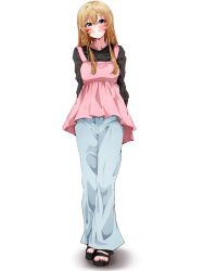  1girl absurdres arms_behind_back black_shirt blue_eyes blue_pants blush braid brown_hair clark_grimms closed_mouth dress full_body highres idolmaster idolmaster_million_live! kousaka_umi long_hair pants pinafore_dress sandals shadow shirt simple_background sleeveless sleeveless_dress smile solo standing toes twin_braids white_background 