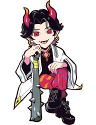  1boy anime_coloring baggy_pants black_boots black_hair black_mouth black_shirt boots club_(weapon) coat colored_inner_hair crazy_raccoon crossed_legs earrings facing_viewer fangs full_body gold_earrings hair_intakes holding holding_club holding_weapon hoop_earrings horns invisible_chair jewelry junghee kanabou lace-up_boots laces long_sleeves looking_at_viewer male_focus medium_hair mismatched_pants multicolored_hair multicolored_horns no_nose official_art oni pants parted_bangs parted_hair puppeteer7777 purple_hair purple_horns red_eyes red_horns red_pants second-party_source shirt sitting smile solo spiked_club tachi-e thick_lineart tongue transparent_background tsurime weapon white_coat white_sleeves wide_sleeves yellow_horns 