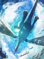 bo_(bouillustration) day fish from_below highres lanturn lugia mixed-language_commentary no_humans pokemon pokemon_(creature) pokemon_focus silhouette twitter_username water_drop 