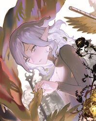  1boy 1other dungeon_meshi elf gapamopa grey_eyes grey_hair highres long_sleeves male_focus medium_hair mithrun mithrun_(young) open_mouth pointy_ears shirt turtleneck upper_body wavy_hair 