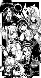  black_hair breasts bungo_yayoi covered_eyes crab_claw double_bun eyepatch fake_horns fragrice hair_bun hair_ornament hair_over_one_eye hair_stick harness hat heaven_burns_red highres horns kanzaki_adelheid large_breasts long_hair medium_hair monochrome multiple_girls one_eye_covered ponytail puffy_short_sleeves puffy_sleeves sakuraba_seira satsuki_mari short_hair short_sleeves team_31c_(heaven_burns_red) tenne_miko twintails veil very_long_hair white_hair witch_hat yamawaki_bon_ivar 