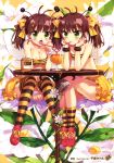  2girls absurdres antennae bee_girl blush breasts brown_hair chiba_sadoru cleavage cup drinking drinking_straw flower green_eyes hair_ribbon highres honey insect_girl long_hair multiple_girls original ribbon shoes sitting skirt smile sneakers thigh-highs tubetop twintails wings 