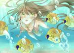  1girl absurdres air_bubble barefoot bikini breath brown_hair bubble diving fish freediving green_eyes highres holding_breath long_hair ocean open_mouth original swimming swimsuit underwater 