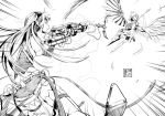  2girls angel angel_wings asymmetrical_wings bare_shoulders barefoot battle borrowed_character breasts butt_crack cassie_(acerailgun) cyborg elbow_gloves eudetenis feathers gloves goggles goggles_on_head grappling_hook long_hair mechanical_arm mechanical_wings monochrome multiple_girls original pointy_ears polearm rynn_(acerailgun) sideboob sleeveless spear thigh-highs weapon wings 