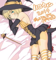  1boy 3u aqua_eyes armin_arlert black_gloves blonde_hair blush boots gloves halloween halloween_costume hat high_heels laying shingeki_no_kyojin short_hair solo striped_legwear thighhighs trap wand witch witch_hat 