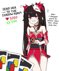  +++ 1girl bare_legs bare_shoulders black_choker black_gloves black_hair breasts card chirun0 choker collarbone commentary criss-cross_halter crossed_legs detached_sleeves english_commentary english_text eyeliner facial_mark fox_mask gloves gradient_hair grin hair_ornament halterneck hand_rest holding holding_card honkai:_star_rail honkai_(series) japanese_clothes kimono light_blush long_hair long_sidelocks looking_at_viewer makeup mark_under_eye mask meme multicolored_hair o-ring obi obijime pelvic_curtain pendant_choker playing_games pov red_eyeliner red_eyes red_hair red_kimono sash short_sleeves sidelocks simple_background single_glove small_breasts smile solo_focus sparkle_(honkai:_star_rail) standing tilted_headwear twintails twitter_strip_game uno_(game) very_long_hair white_background 