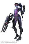  1girl amelie_lacroix blue_hair blue_skin bodysuit breasts contrapposto full_body gauntlets gloves greaves gun headgear long_hair official_art overwatch ponytail rifle simple_background sniper_rifle solo very_long_hair watermark weapon white_background widowmaker_(overwatch) yellow_eyes 