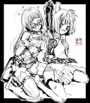  2girls :p angel angel_wings asymmetrical_wings bandaid bandaid_on_nose barefoot black_border borrowed_character breasts cassie_(acerailgun) cleavage cyborg detached_sleeves eudetenis goggles grass long_hair mechanical_arm mechanical_wings monochrome multiple_girls original pointy_ears repairing rynn_(acerailgun) sitting sleeveless smile star thigh-highs tongue tongue_out wariza wings 