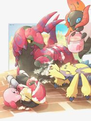  animal_focus antennae blue_eyes bucket bug centipede closed_eyes closed_mouth colored_sclera full_body galvantula highres holding holding_bucket holding_sponge horns insect_wings kirby kirby_(series) kirby_air_ride kirby_air_riders knhb_tail moth motor_vehicle multiple_wings no_humans open_mouth pincers pokemon pokemon_(creature) pokemon_focus scolipede smile soap spider sponge tarantula volcarona washing_vehicle water wheel wheelie_(kirby) white_fur wings yellow_eyes yellow_fur 