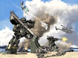  4boys aiming aircraft airplane armored_personnel_carrier armored_vehicle assault_rifle bazooka_(gundam) beach blue_sky casing_ejection clouds cloudy_sky combat_helmet commentary day efreet_schneid english_commentary fighter_jet firing gun gundam gundam_unicorn helicopter helmet highres holding holding_gun holding_weapon horns lying mecha mecha_focus mfi_foxglove military_combat_uniform military_uniform military_vehicle mobile_suit motor_vehicle multiple_boys on_stomach one-eyed original outdoors red_eyes redesign rifle robot sand shell_casing single_horn sky smoke soldier standing tank vehicle_request war weapon wreckage 