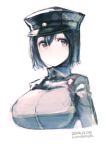  1girl absurdres akitsu_maru_(kantai_collection) artist_name backpack bag black_eyes black_hair breasts bust dated hat highres kantai_collection large_breasts long_sleeves looking_away military military_uniform peaked_cap randoseru rondo_bell short_hair simple_background solo uniform white_background 