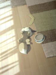  absurdres animal_focus bowl brown_fur carpet eevee eevee_ears eevee_tail floor full_body highres indoors lying nilililn25 no_humans on_back on_floor pet_bowl pokemon pokemon_(creature) pokemon_focus pokemon_sleep pokemon_tail rug socks tail wooden_floor 