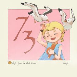  1girl ^_^ animal arm_up aryll bird blonde_hair blue_dress border character_name closed_eyes copyright_name dress floral_print floral_print_dress highres open_mouth outside_border pink_background pointy_ears print_dress seagull shirt short_twintails sleeveless sleeveless_shirt smile solo spyglass the_legend_of_zelda the_legend_of_zelda:_the_wind_waker twintails yangyaozigo 