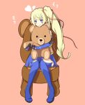  1girl ao_jill blonde_hair blue_boots blue_eyes blush boots chair elbow_gloves gloves hair_ribbon highres limalisha long_hair madan_no_ou_to_vanadis pink_background ribbon side_ponytail skirt smile solo stuffed_animal stuffed_toy teddy_bear thigh-highs thigh_boots 