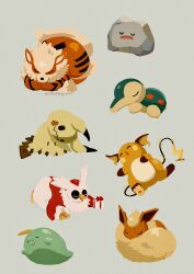  absurdres animal_focus arcanine closed_eyes closed_mouth curled_up cyndaquil ditto flareon fluffy full_body gulpin highres mimikyu neck_fur no_humans open_mouth orange_fur pokemon pokemon_(creature) pokemon_focus pokemon_sleep raichu rock simple_background sleeping tail transformed_ditto yellow_fur zozozoshion 