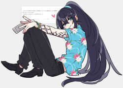  1boy arm_tattoo black_eyes black_hair black_pants black_shoes blue_eyes blue_shirt card collared_shirt earrings full_body grey_background hawaiian_shirt heterochromia high_ponytail holding holding_card hong_lu_(project_moon) jewelry limbus_company long_hair looking_at_viewer male_focus pants ponytail project_moon shiki_(shikki46) shirt shoes short_sleeves simple_background sitting solo sparkle tattoo tingtang_gang_(identity)_(project_moon) 