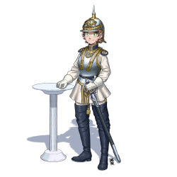  1girl absurdres belt_buckle black_boots boots buckle cavalry combat_helmet cuirass cuirassier cuirassier_helmet epaulettes formal_clothes full_body gloves gold_trim gorget green_eyes hand_rest helmet highres holding holding_sword holding_weapon leather leather_boots light_blush light_smile looking_at_viewer messy_hair military_uniform non-web_source ostwindprojekt pale_skin pedestal pickelhaube prussia riding_boots scabbard sheath short_hair shoulder_boards standing sword sword_hilt tunic victorian weapon white_background white_gloves white_tunic 