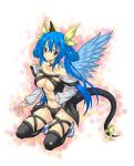  1girl asymmetrical_wings bare_shoulders blue_hair blush breasts choker dizzy guilty_gear long_hair navel ozaneko red_eyes ribbon smile solo squatting tail tail_ribbon thigh-highs twintails under_boob wings 