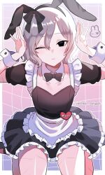  1boy alternate_costume androgynous animal_ear_hairband animal_ears apron bags_under_eyes black_dress black_eyes crossdressing crossdressing_(mtf) detached_collar dress dungeon_meshi elf enmaided fake_animal_ears frilled_apron frills grey_hair hair_ribbon hairband highres kanae_(doodle_rakugaki) looking_at_viewer maid maid_apron male_focus male_maid mithrun multiple_scars notched_ear one_eye_closed pointy_ears puffy_sleeves rabbit_ear_hairband rabbit_ears rabbit_pose ribbon scar short_hair sitting solo trap waist_apron wariza white_apron wrist_cuffs 