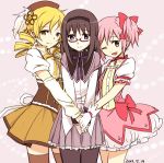  3girls akemi_homura holding_hands kamekoya_sato kaname_madoka mahou_shoujo_madoka_magica multiple_girls standing tomoe_mami 