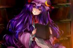  1girl book bookshelf bow crescent_moon hair_bow head_tilt holding holding_book light long_hair long_sleeves looking_at_viewer mob_cap moon open_book parted_lips patchouli_knowledge purple_hair ribbon shadow sitting sketch solo touhou violet_eyes wide_sleeves yukiji_(dokira) 