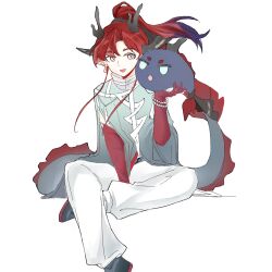  1boy arknights beads chinese_commentary colored_extremities commentary_request dragon_bubble_(arknights) earrings foot_out_of_frame gradient_hair green_eyes hair_intakes highres holding horns invisible_chair jewelry long_hair male_focus multicolored_hair pants pointy_ears ponytail purple_hair rayji29 red_hair simple_background sitting solo streaked_hair tail white_background white_pants yu_(arknights) 