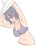  1girl and armpits arms_up black_hair bra breasts cleavage eyepatch fang kantai_collection large_breasts navel solo tenryuu_(kantai_collection) underwear undressing yellow_eyes 