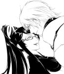  1boy 1girl bayonetta bayonetta_(character) commentary_request crossover dante_(devil_may_cry) devil_may_cry facial_hair glasses lips long_hair looking_at_viewer looking_back monochrome ponytail simple_background smile stubble sumi_keiichi 