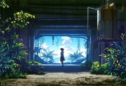  1girl arms_behind_back blue_sky clouds day horizon industrial_pipe kneehighs mocha_(cotton) nature original outdoors ruins rust scenery school_uniform serafuku short_sleeves signature skirt sky socks solo standing summer tank_(container) wide_shot wind 