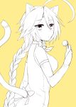  1girl ahoge animal_ears blazblue bodysuit braid candy cat_ears cat_tail lambda-11 lollipop looking_back monochrome tail yuya_(oshidori) 