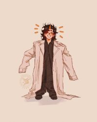  1girl :d biyoo_(omniscient_reader&#039;s_viewpoint) black_hair black_shirt child closed_eyes coat collared_shirt cosplay costume_switch facing_viewer full_body grin highres kim_dokja medium_hair messy_hair notice_lines omniscient_reader&#039;s_viewpoint oversized_clothes popped_collar shirt smile solo standing unicorn_horn vacation_town white_coat 