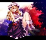  1girl blonde_hair dress fan gloves highres loafers looking_at_viewer mob_cap paper_fan revision s-syogo shoes smile socks solo touhou violet_eyes white_gloves yakumo_yukari 