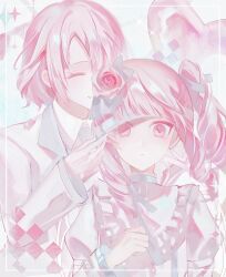  akiyama_mizuki akiyama_yuuki blindfold chair closed_eyes collared_shirt double-parted_bangs dress flower frilled_dress frills hair_flower hair_ornament heart highres inset_border juliet_sleeves keikyoku_no_machi_wa_doko_e_(project_sekai) long_hair long_sleeves medium_hair neck_ribbon necktie on_chair pastel_colors phlic pink_eyes pink_hair project_sekai puffy_sleeves removing_blindfold ribbon shirt siblings side_ponytail sidelocks sitting sparkle suit white_dress white_shirt white_suit 