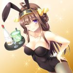  1girl ;) ahoge alcohol alternate_costume animal_ears bare_shoulders bottle breasts brown_hair bucket bunny_tail bunnysuit cleavage glass goblet hairband hand_on_hip headgear highres ice kantai_collection kongou_(kantai_collection) long_hair looking_at_viewer one_eye_closed pantyhose rabbit_ears smile solo tail tray violet_eyes wine yujin-yujin 