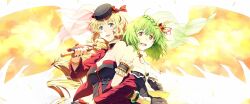  2girls 4b-enpitsu blonde_hair green_hair highres idol looking_at_viewer macross macross_frontier macross_frontier:_sayonara_no_tsubasa medium_hair multiple_girls ranka_lee sheryl_nome side-by-side strapless white_background wings 