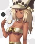  1girl ball belt beltbra blonde_hair blush breasts brown_eyes bust dark_skin guilty_gear guilty_gear_xrd hat long_hair ramlethal_valentine solo takanashi-a under_boob 