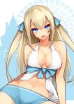  1girl absurdres amagi_brilliant_park bare_shoulders blonde_hair blue_eyes breasts collarbone dean highres long_hair looking_at_viewer navel open_mouth shorts solo sylphy_(amaburi) two_side_up 