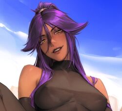  1girl bare_shoulders bleach blue_sky breasts clown covered_nipples dark-skinned_female dark_skin limart long_hair looking_at_viewer outdoors parted_bangs ponytail purple_hair shihouin_yoruichi sky smile solo teeth yellow_eyes 